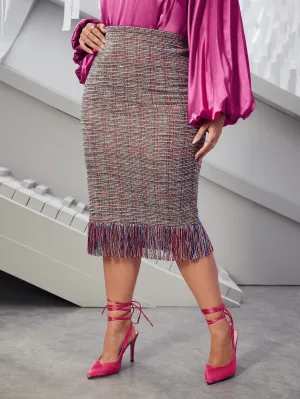 Plaid Fringe Midi Plus Size Skirt