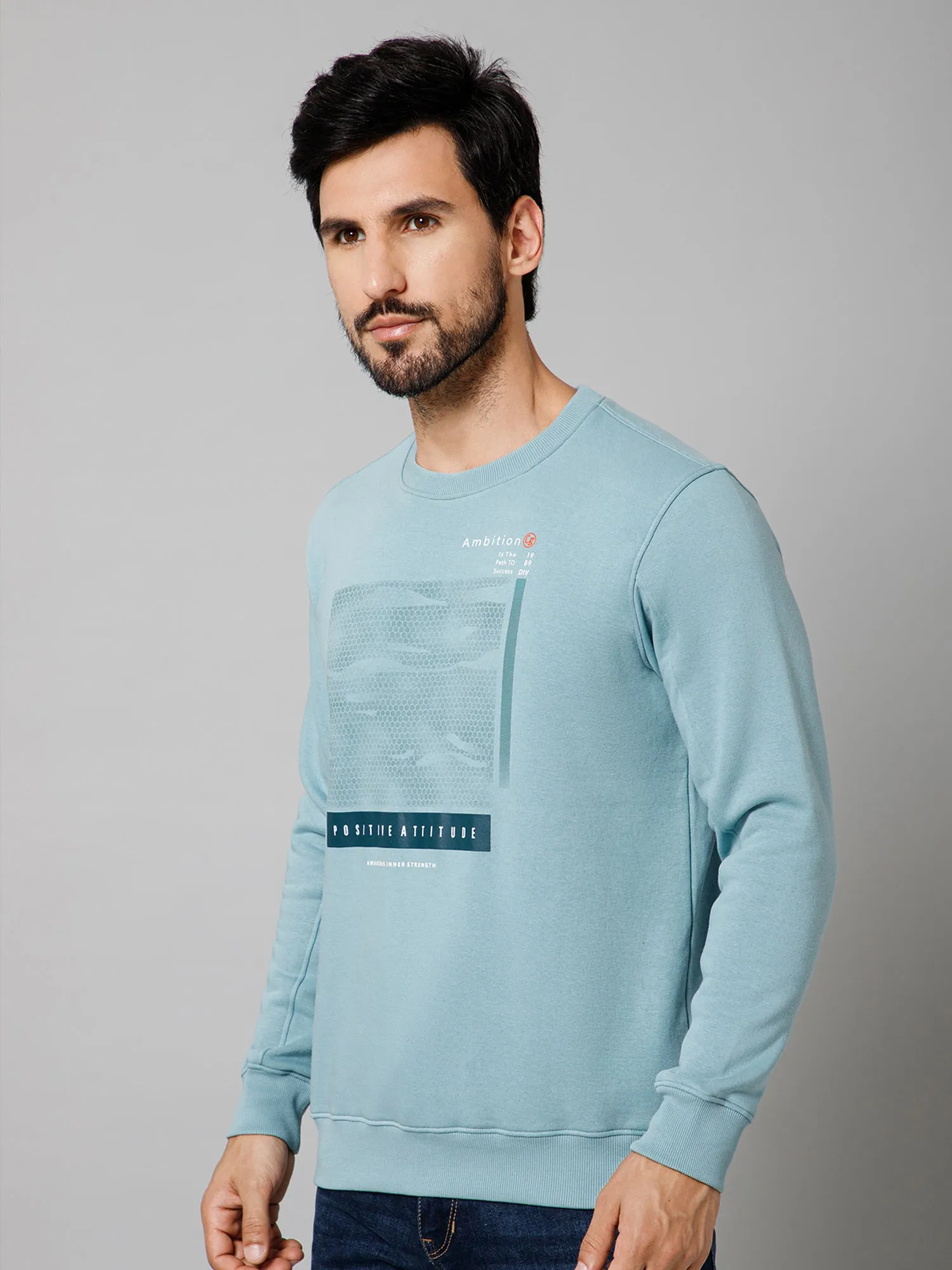 Printed Sky Blue Full Sleeves Round Neck Regular Fit Casual Sweatshirt For Men