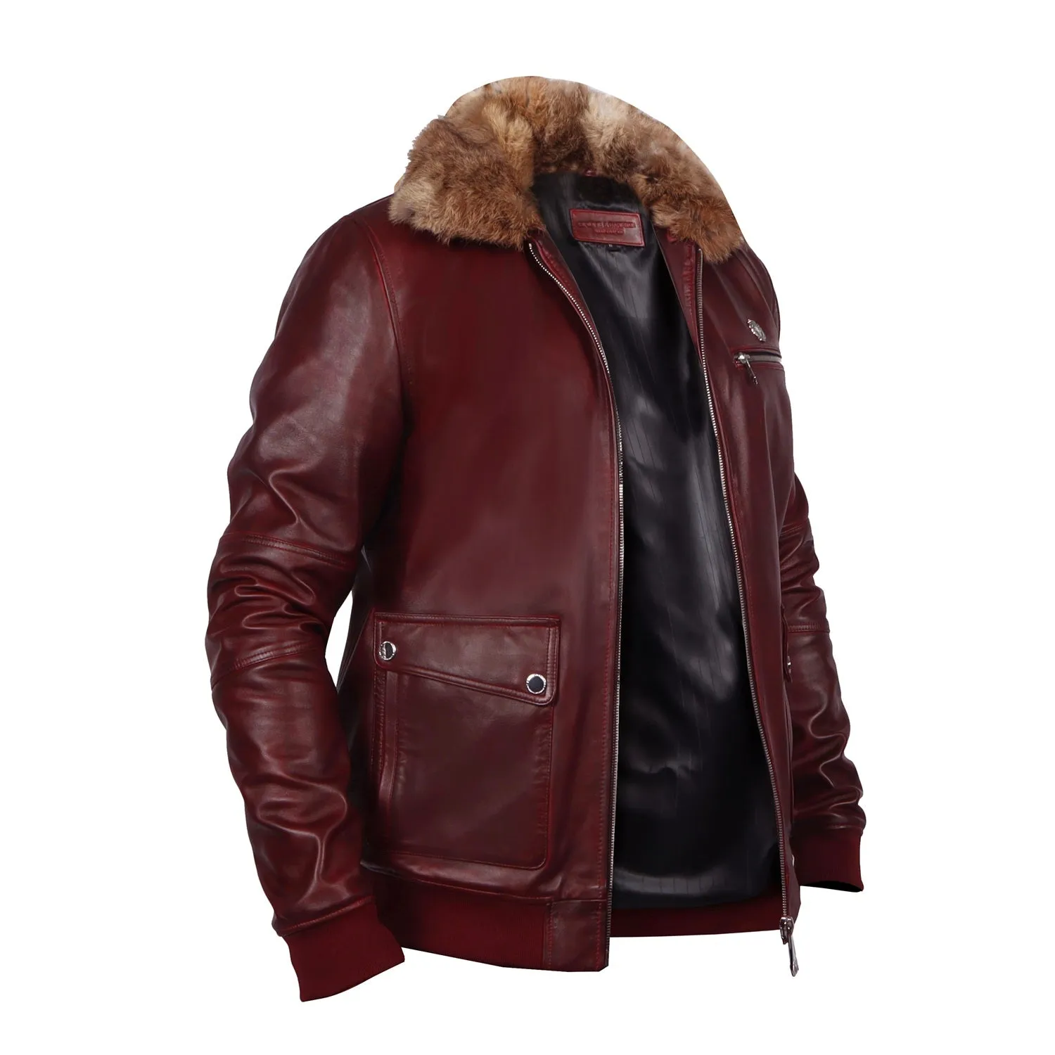 Rustic Wine Ribbed Style Leather Jacket with Furr Collar