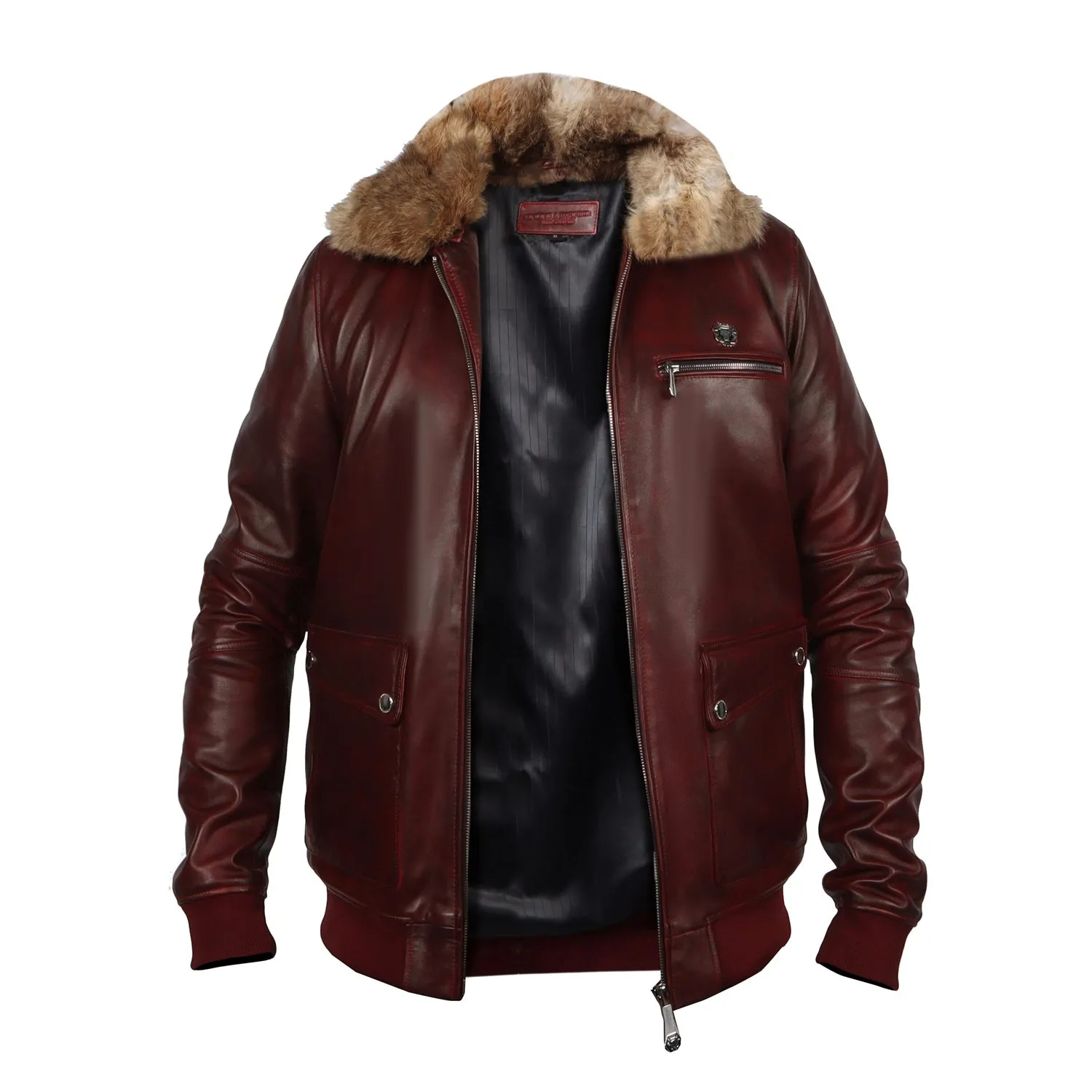 Rustic Wine Ribbed Style Leather Jacket with Furr Collar