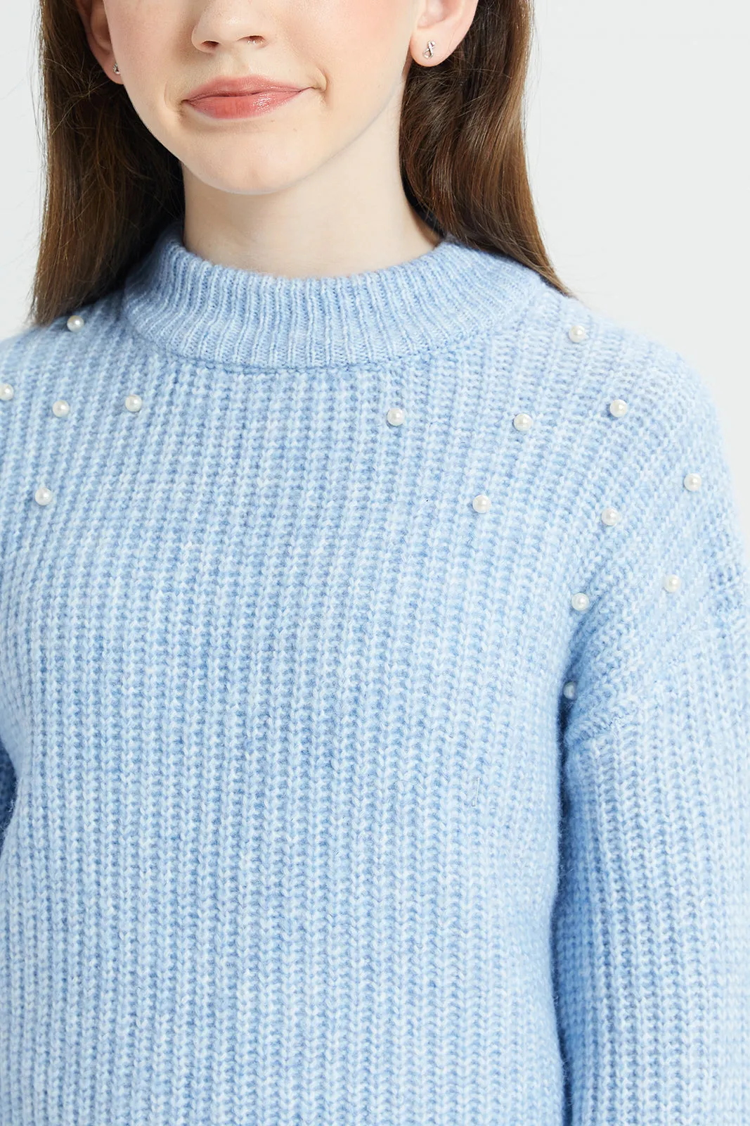 Senior Girls Blue High-Neck Pullover With Pearls