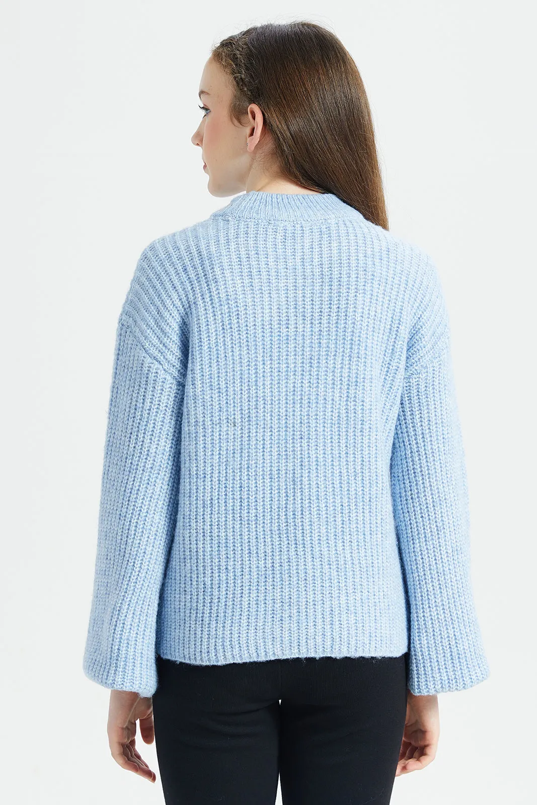 Senior Girls Blue High-Neck Pullover With Pearls