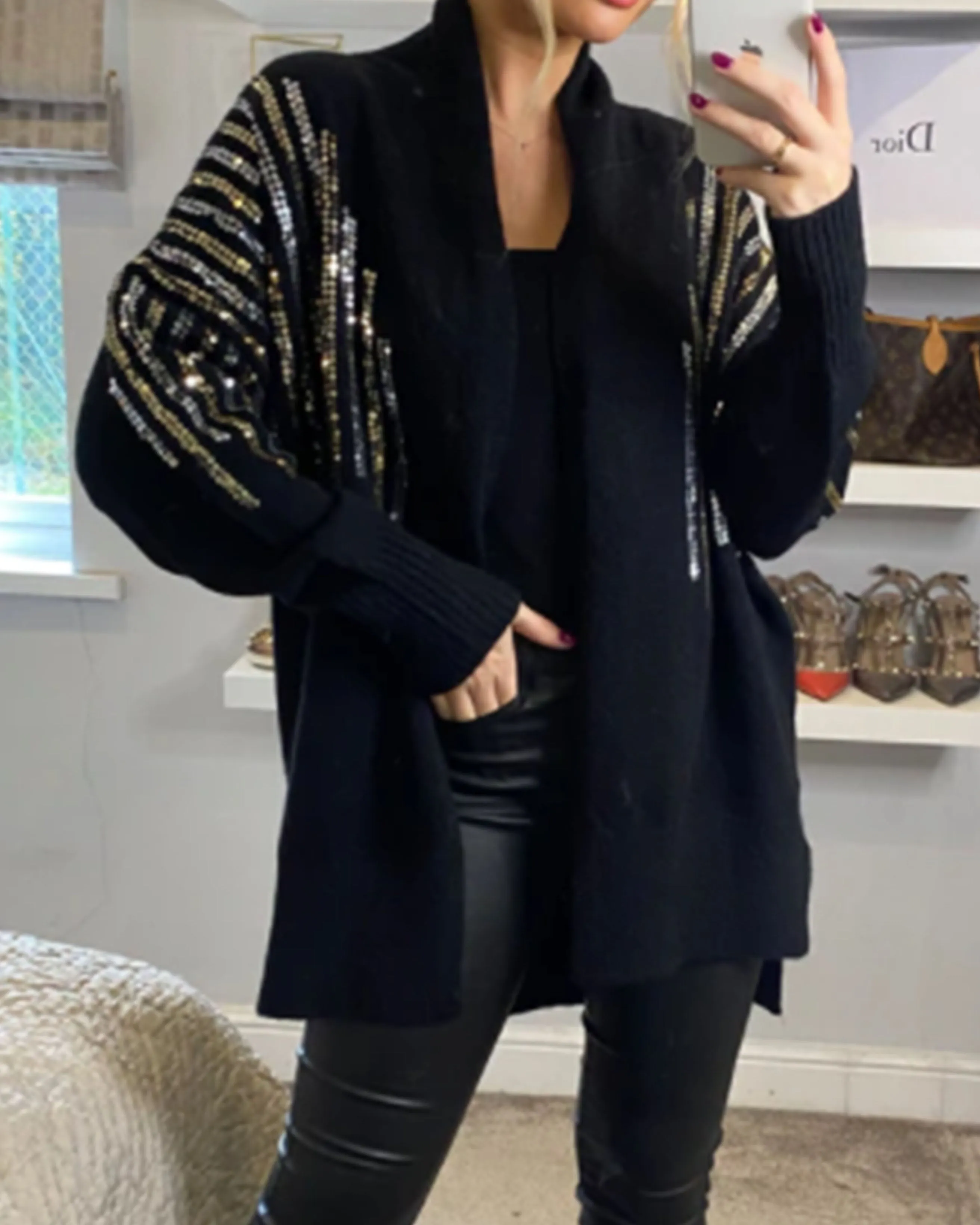 Sequin embellished shoulder and front soft knit cardigan