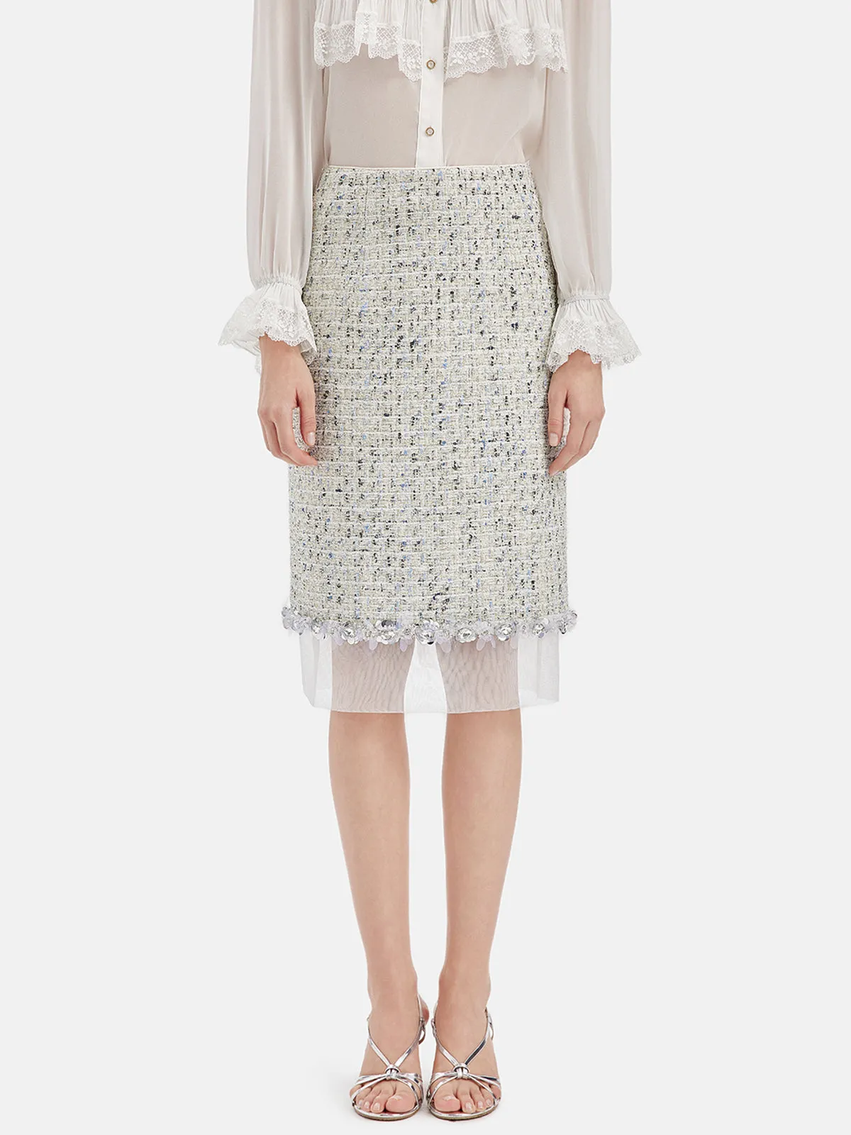 Sequin Trimmed French Mesh-Hem Design Skirt