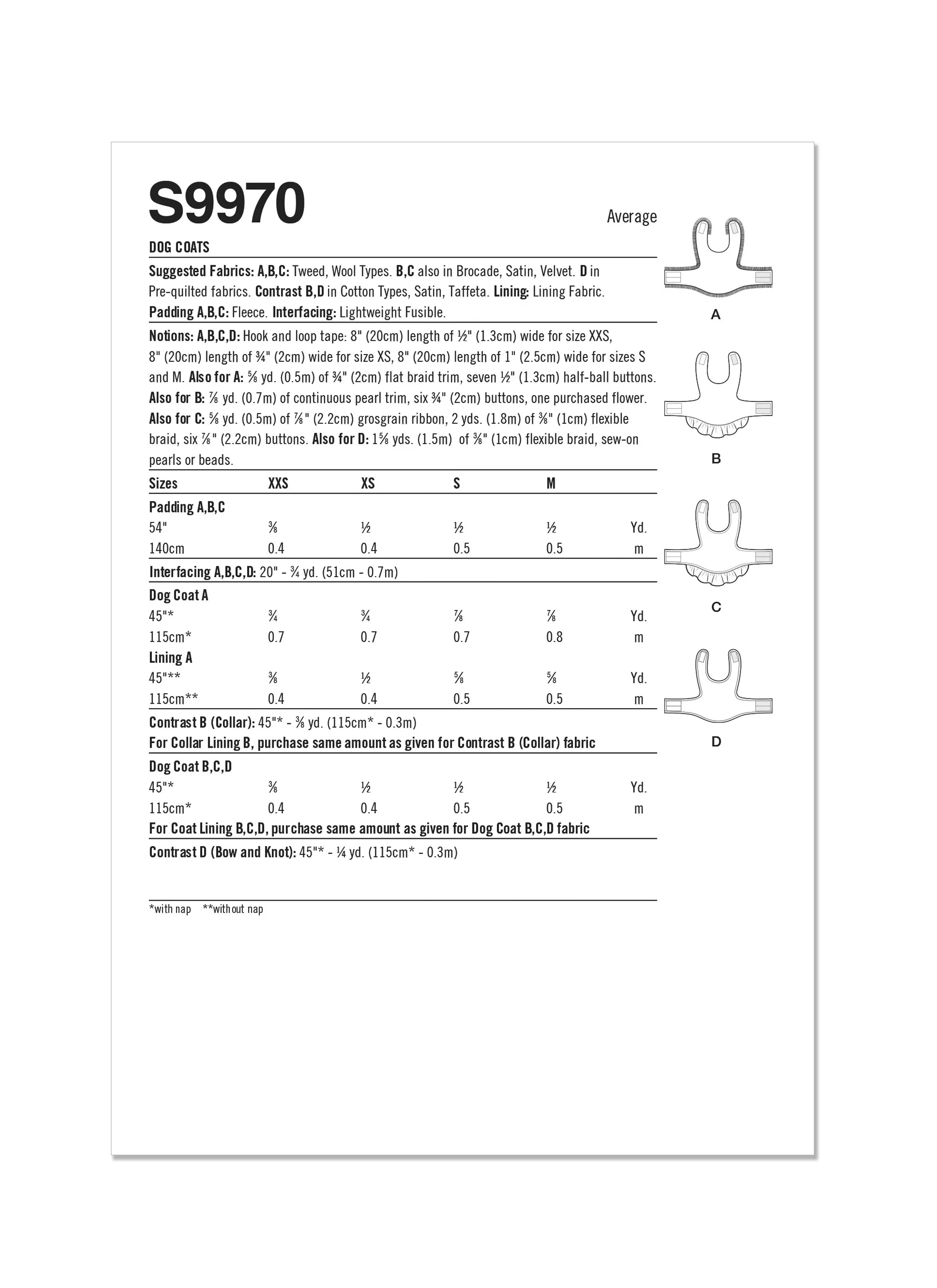 Simplicity Sewing Pattern 9970 Dog Coats