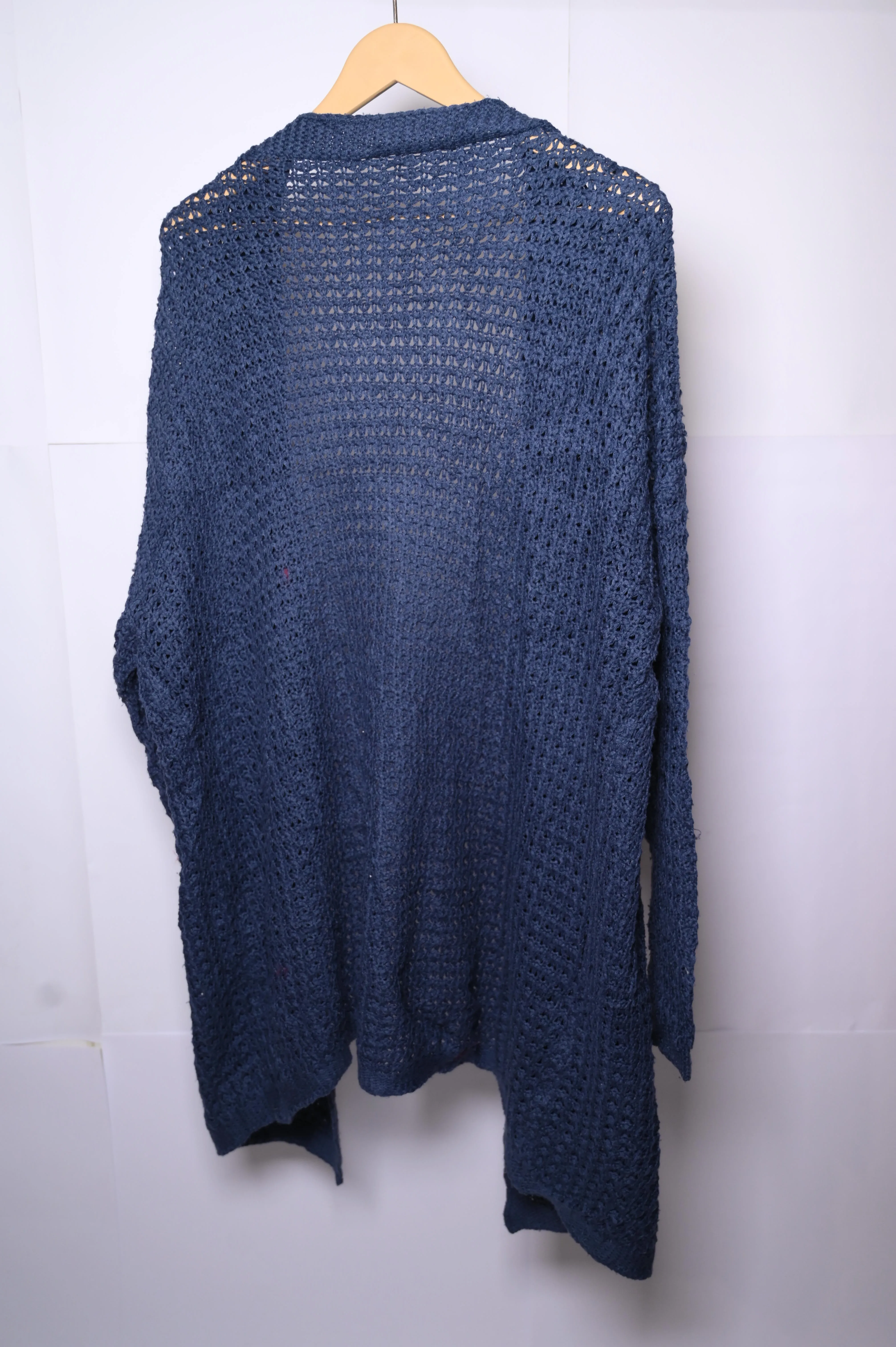 Thriftyfy Navy Blue Knitted Long Shrug – Chic & Cozy Layer