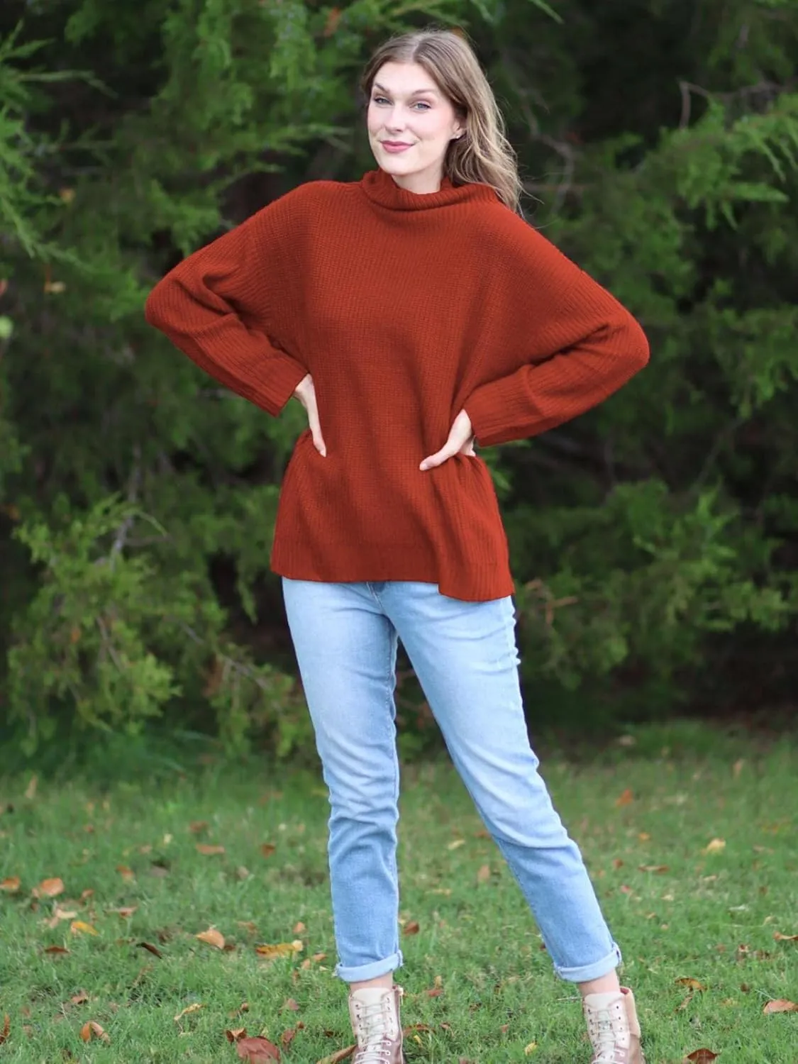 Turtleneck Sweater - Batwing Long Sleeve, Loose Knit Pullover Sweater Tops