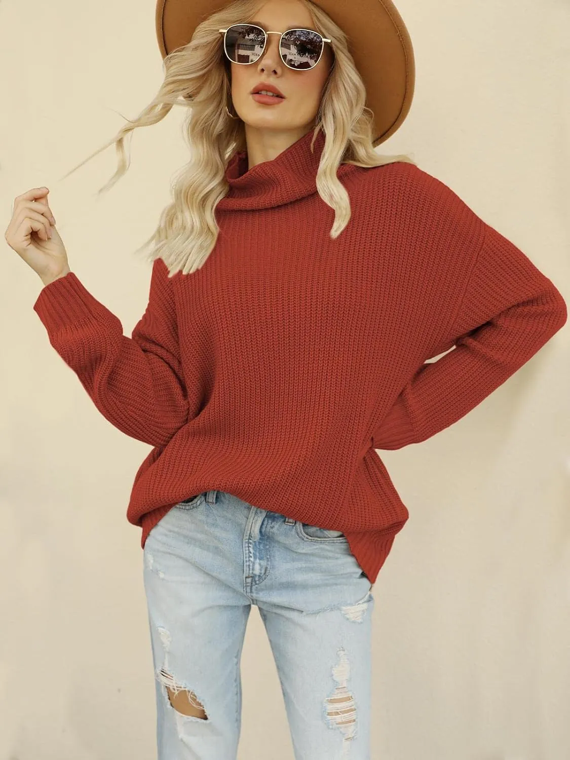 Turtleneck Sweater - Batwing Long Sleeve, Loose Knit Pullover Sweater Tops