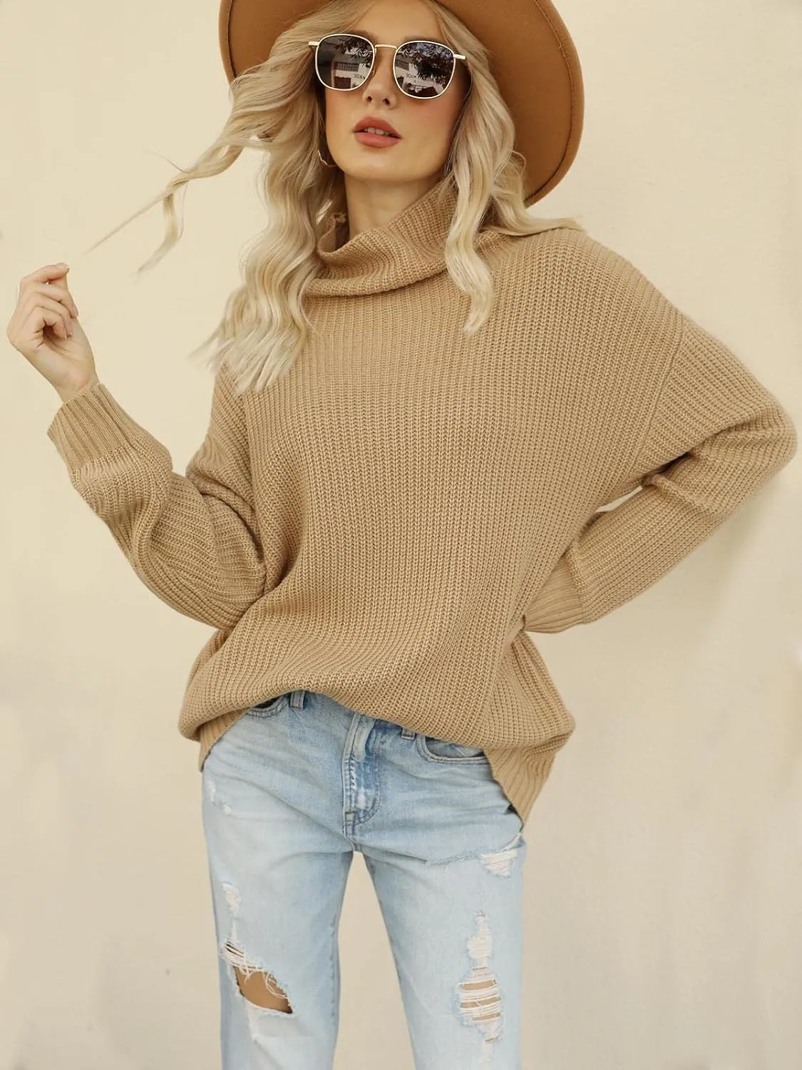 Turtleneck Sweater - Batwing Long Sleeve, Loose Knit Pullover Sweater Tops