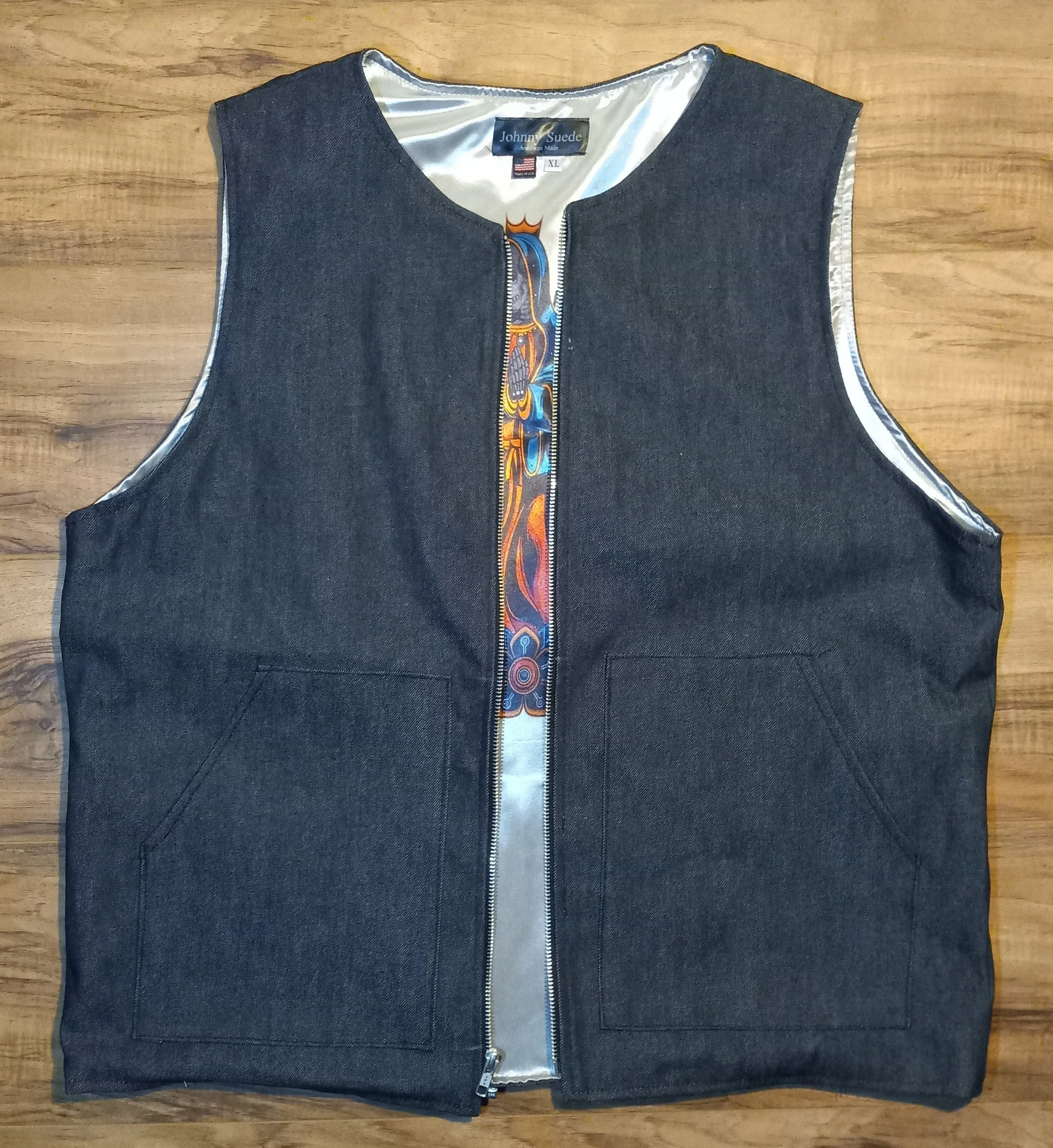 VEST- raw denim silver multi skull virgin