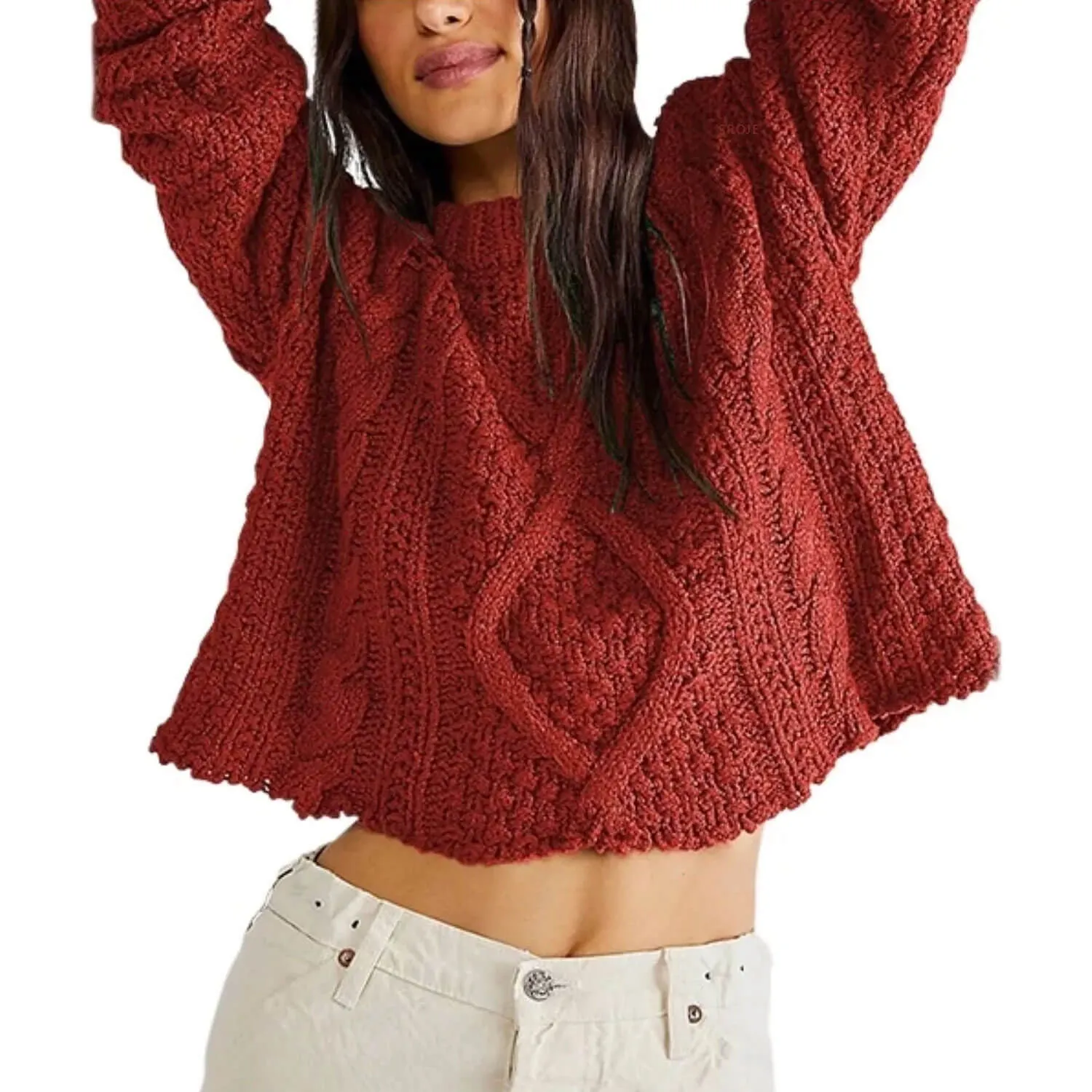 Vintage Crew Neck Chunky Cable Knit Fisherman Crop Oversized Sweater