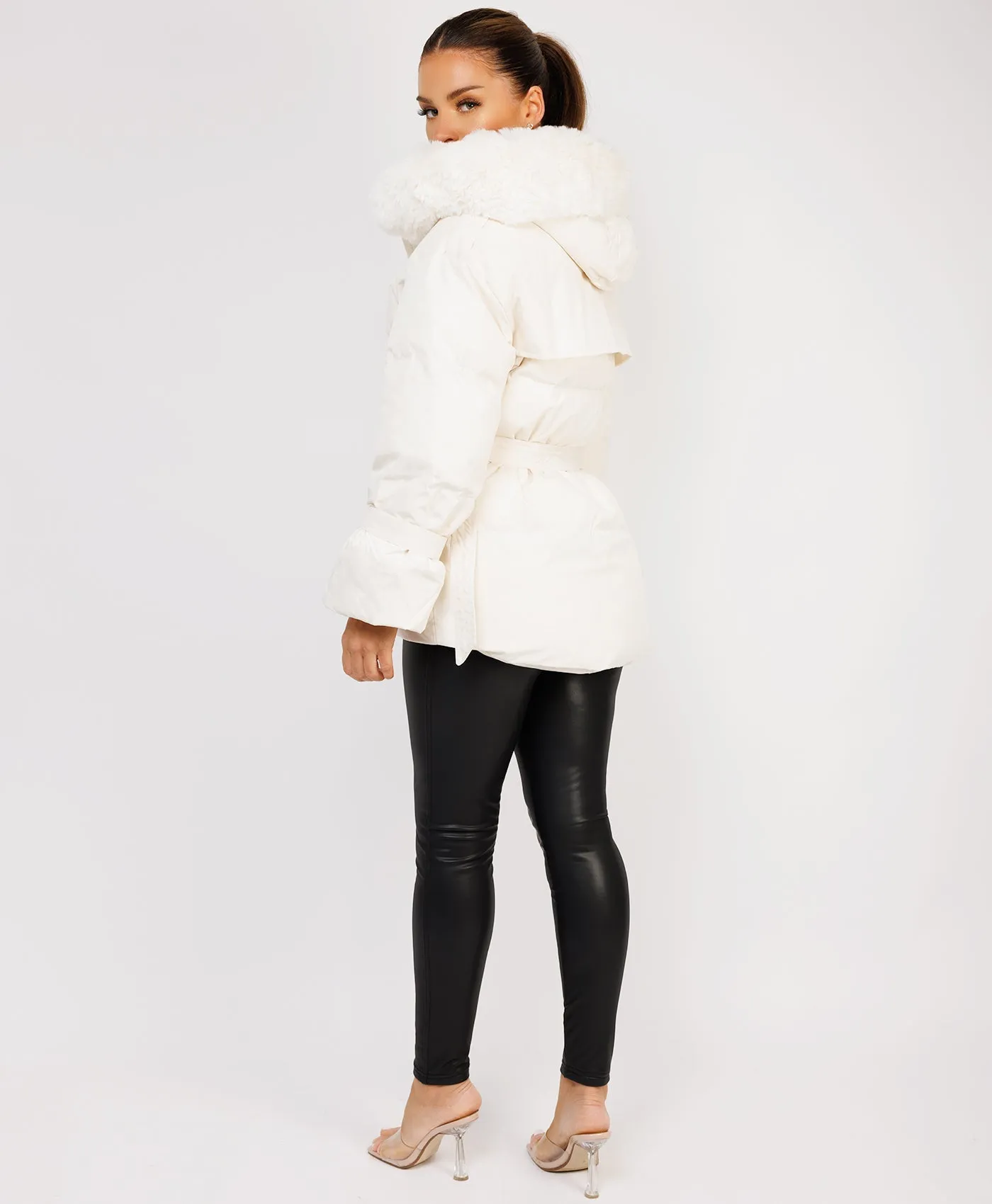 White Padded Faux Fur Hood Ivory Waist Belted Jacket