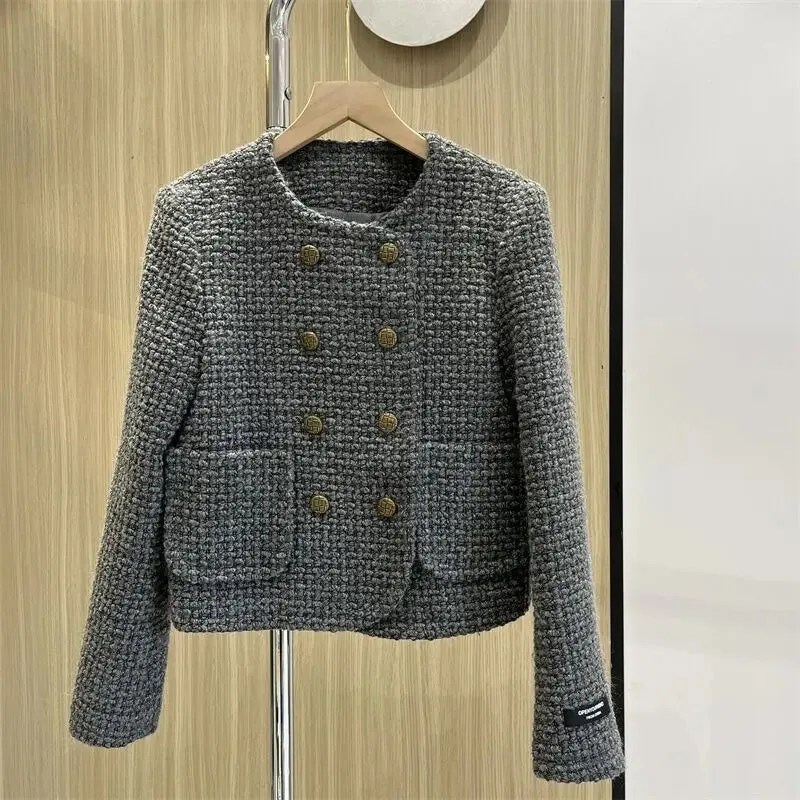 Winter Tweed Thick Round Neck  Casual Warm Double Breasted Padded Coats