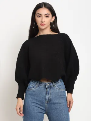 Women Black Oval Neck Loose Fit Cropped Pullover