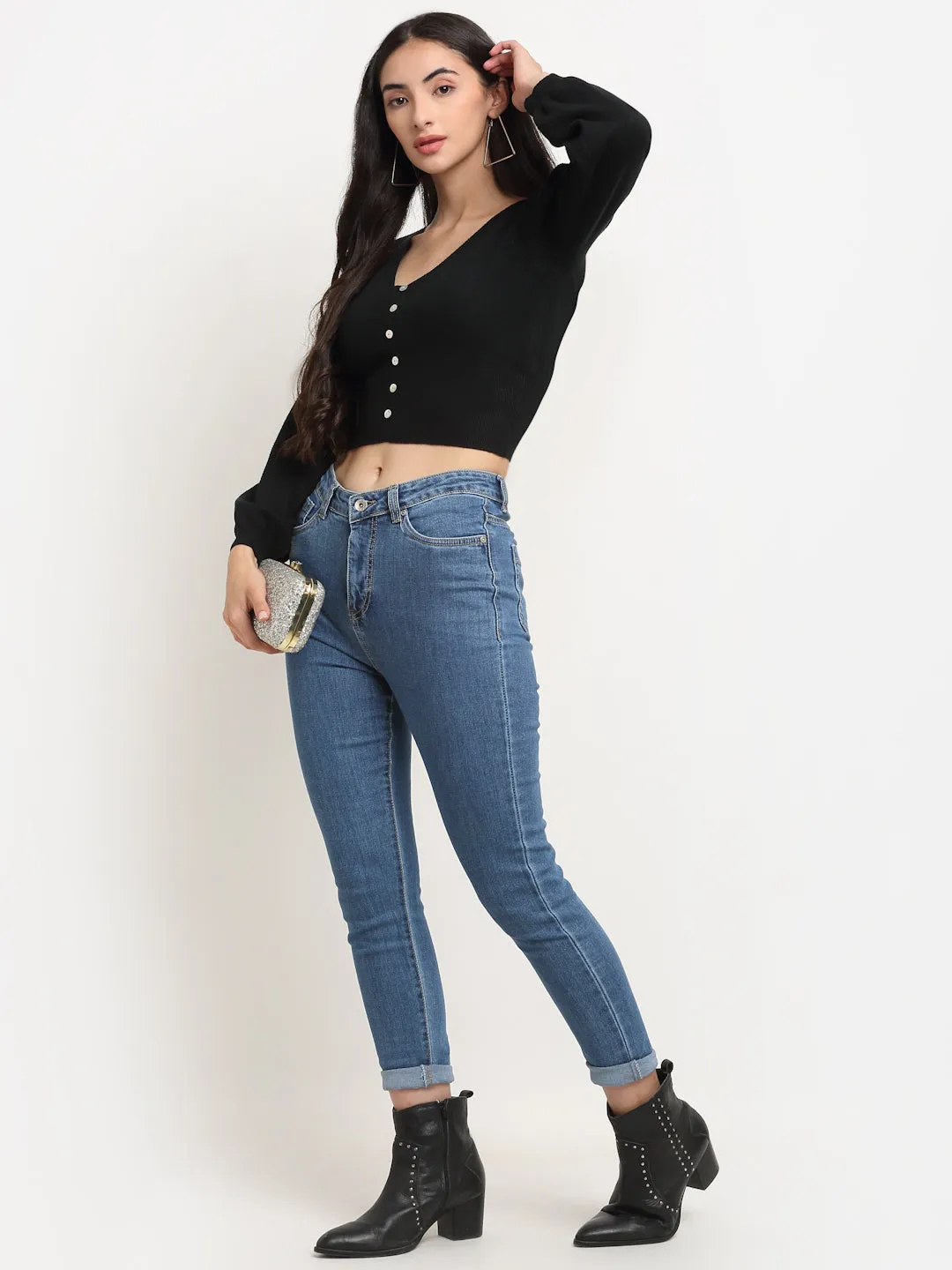 Women Black V-Neck Regular Fit Cropped Pullover