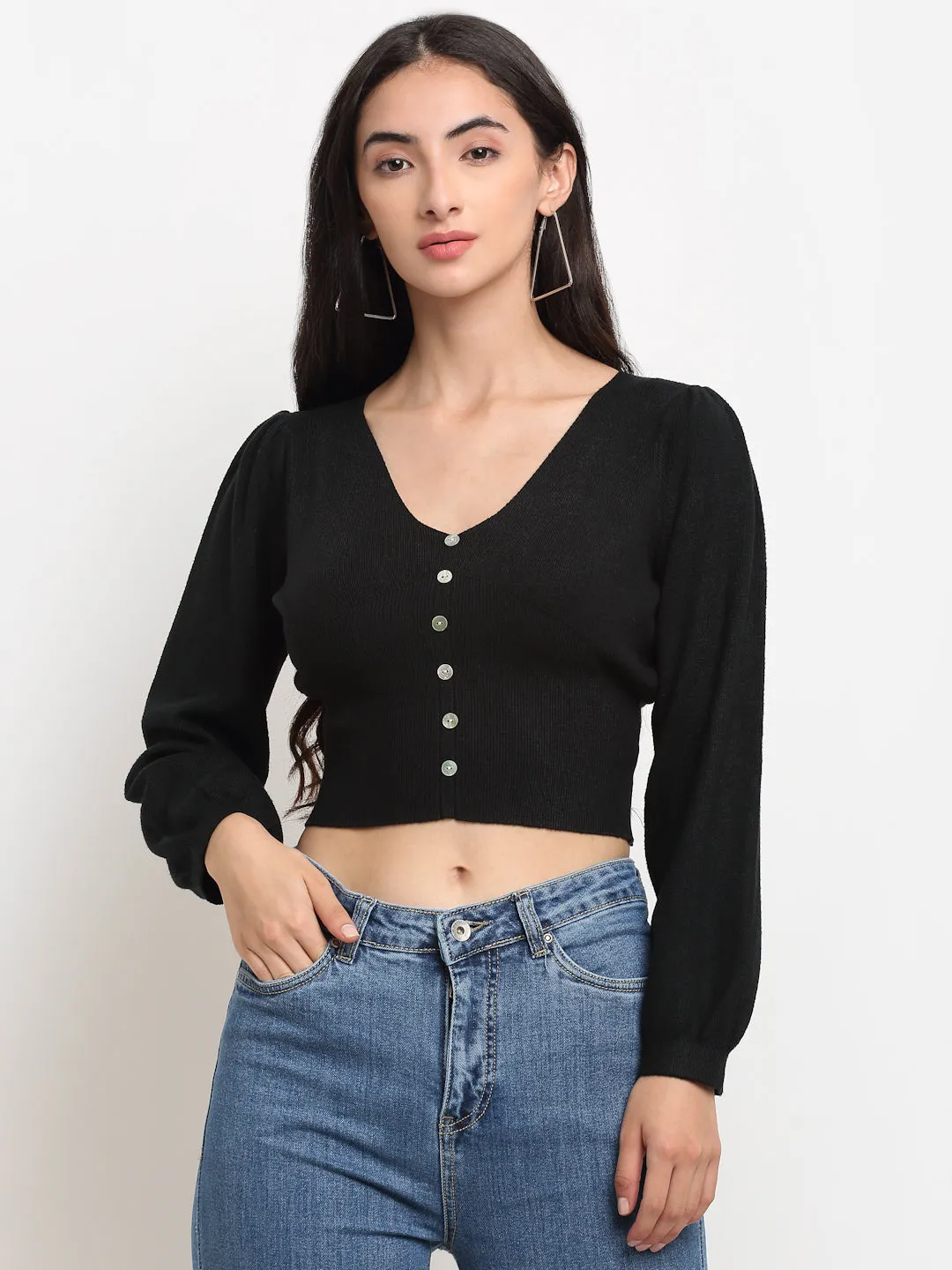 Women Black V-Neck Regular Fit Cropped Pullover