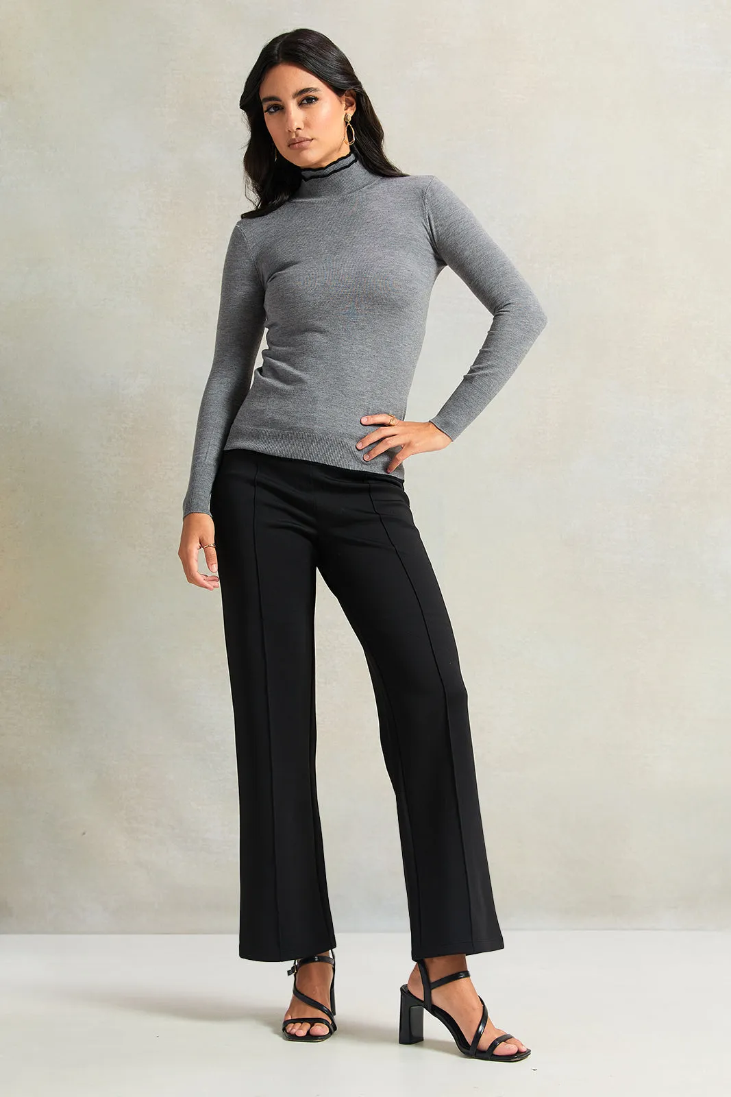 Women Grey Turtle Neck Pullover With Black Line