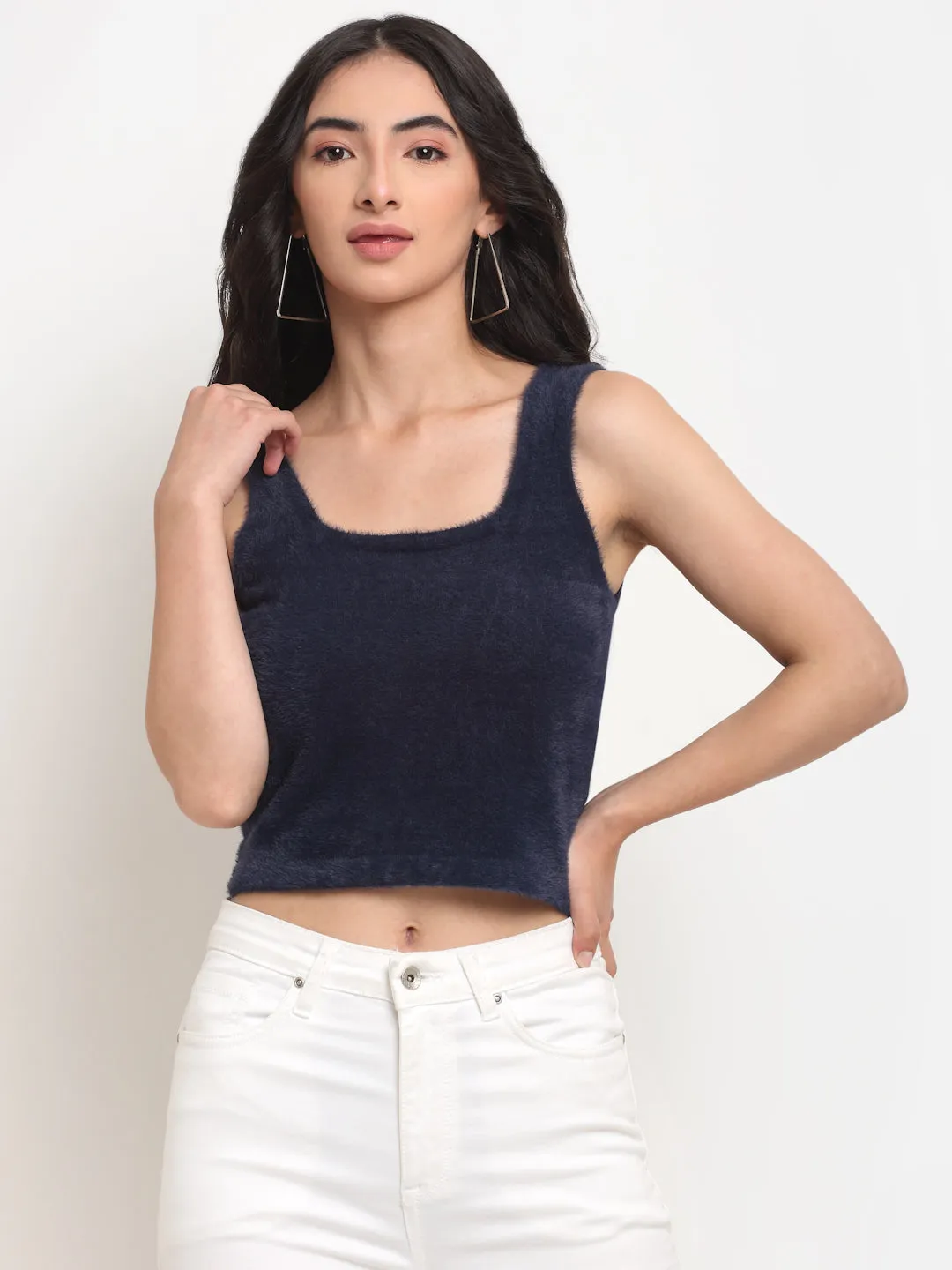 Women Navy Blue Square Neck Knit Cropped Pullover