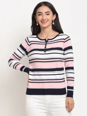 Women Pink Round Neck Regular Fit Striped Pullover