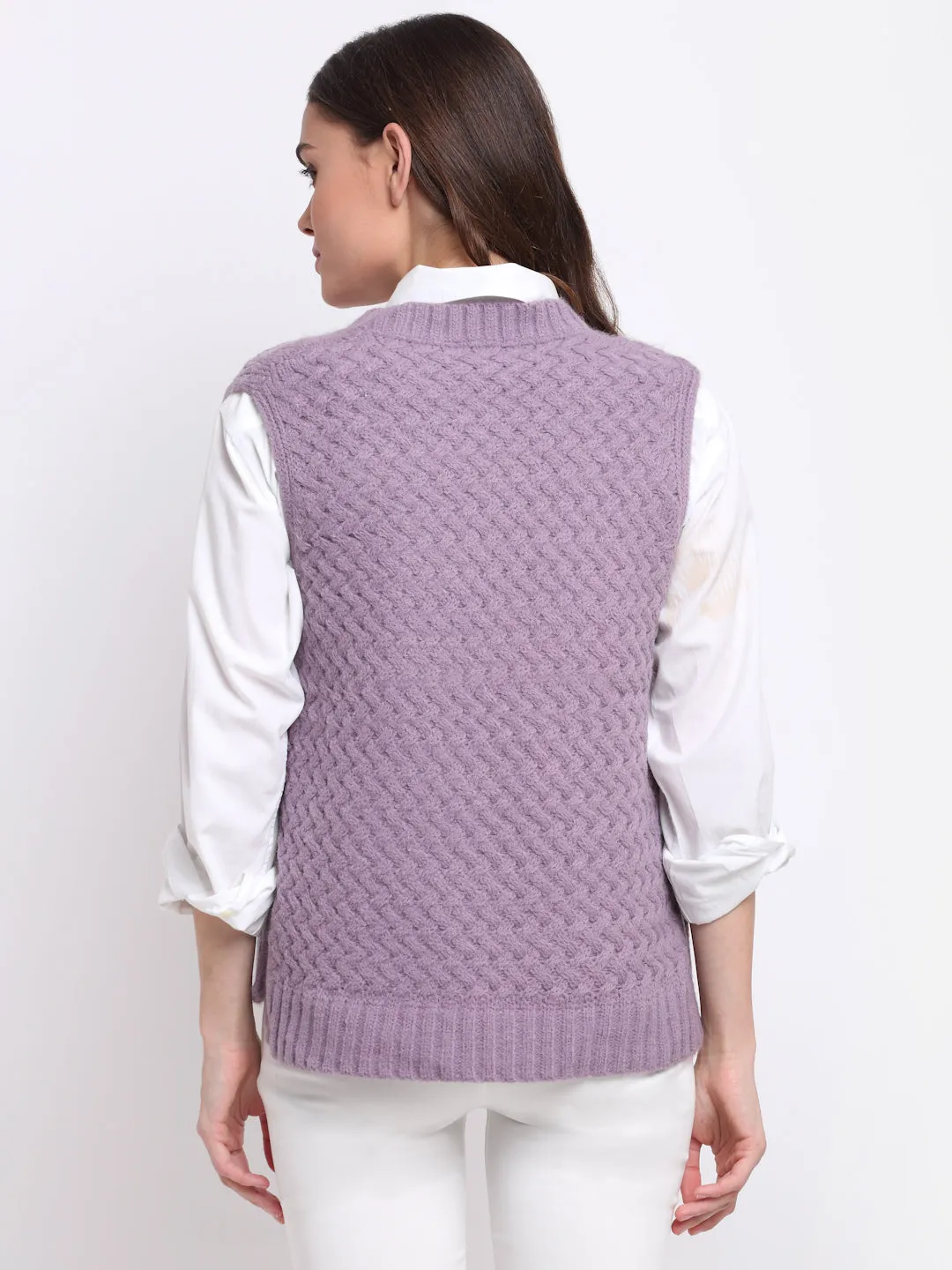 Women Purple Round Neck Sleeveless Knit Pullover