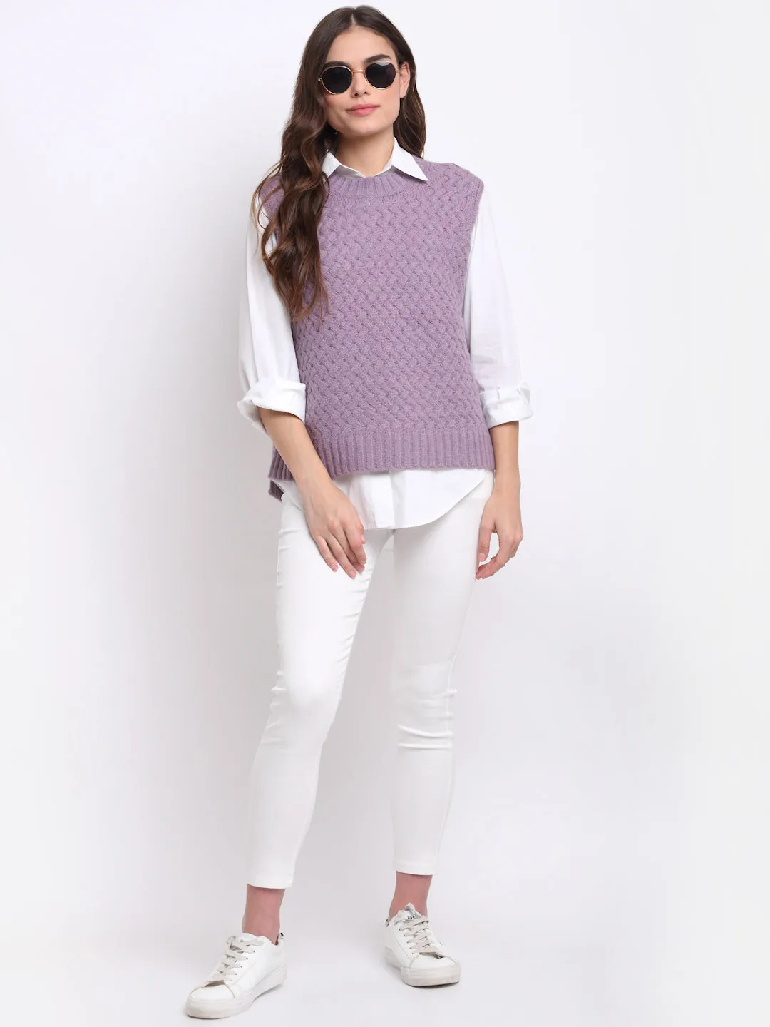 Women Purple Round Neck Sleeveless Knit Pullover