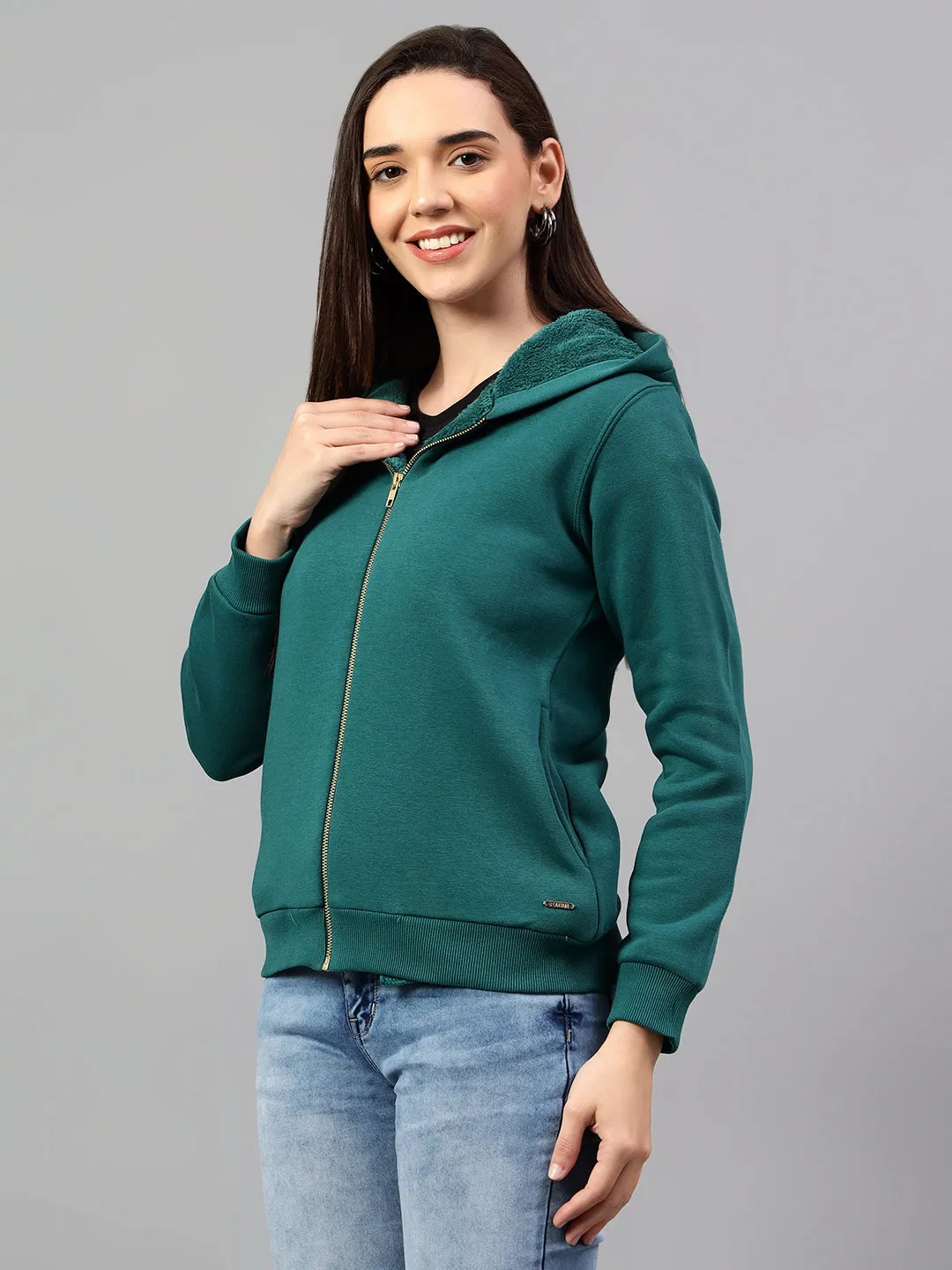 Women's Dark Green Solid Hoody Neck Sweatshirt