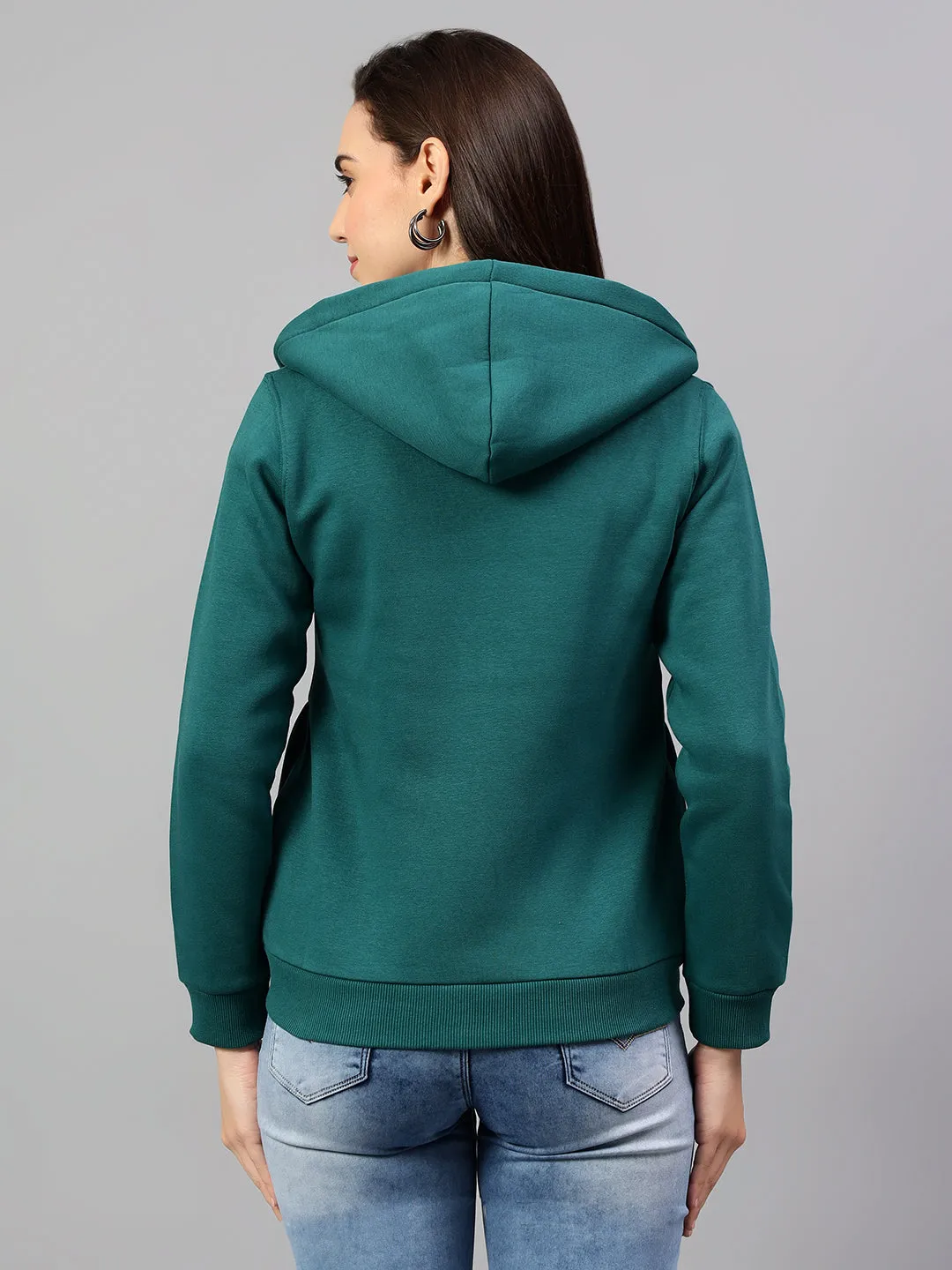 Women's Dark Green Solid Hoody Neck Sweatshirt